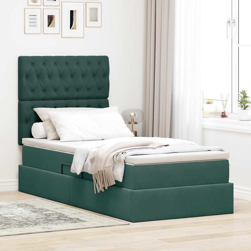 LED tárolós ágy matraccal Sötétzöld 90 x 190 cm Bársony
