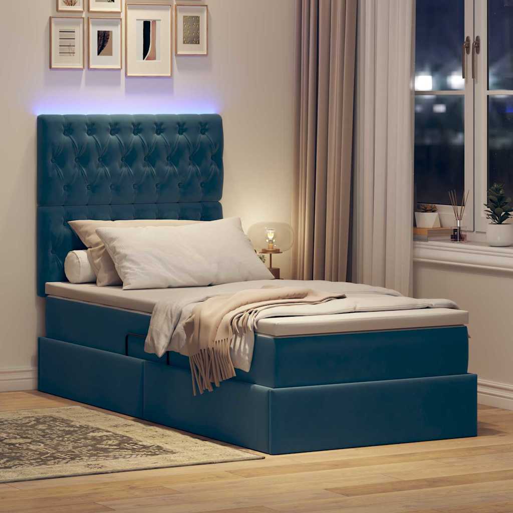 LED tárolós ágy matraccal Sötét kék 90 x 200 cm Bársony