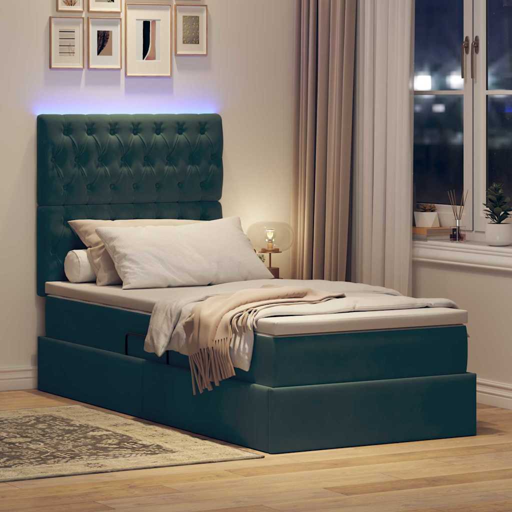 LED tárolós ágy matraccal Sötétzöld 100 x 200 cm Bársony