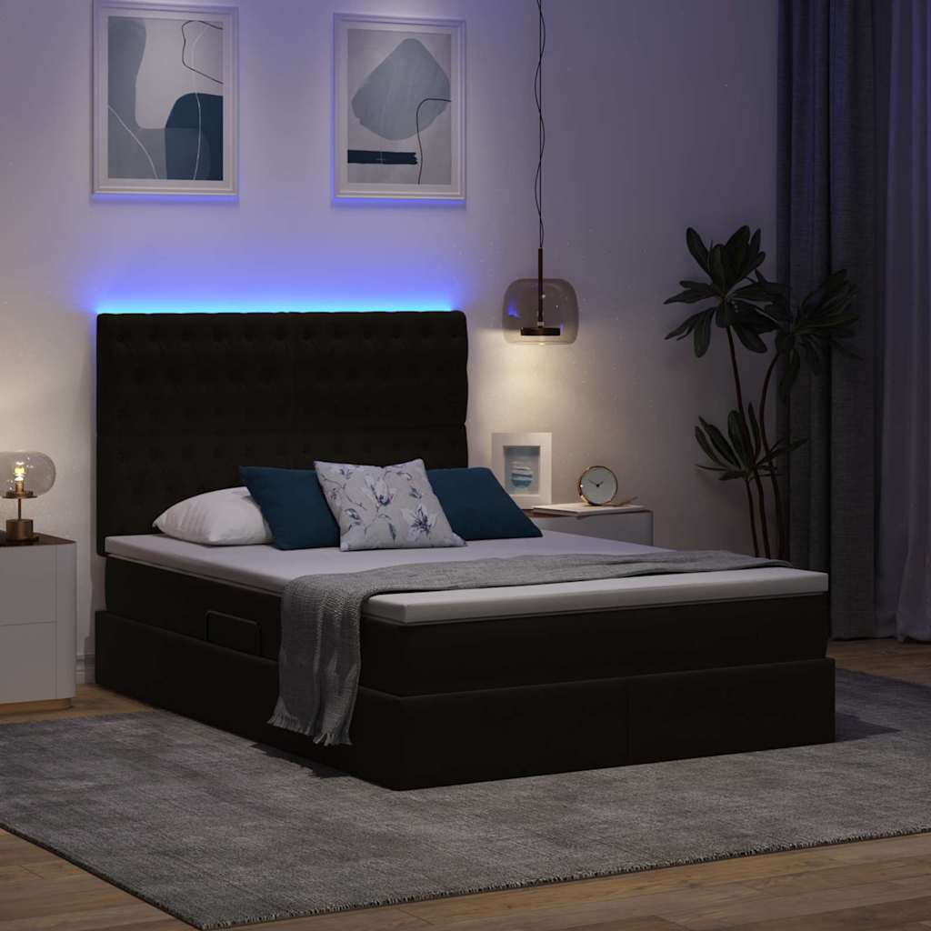LED tárolós ágy matraccal Fekete 140 x 190 cm Bársony