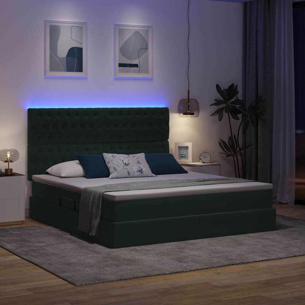 LED tárolós ágy matraccal Sötétzöld 160 x 200 cm Bársony