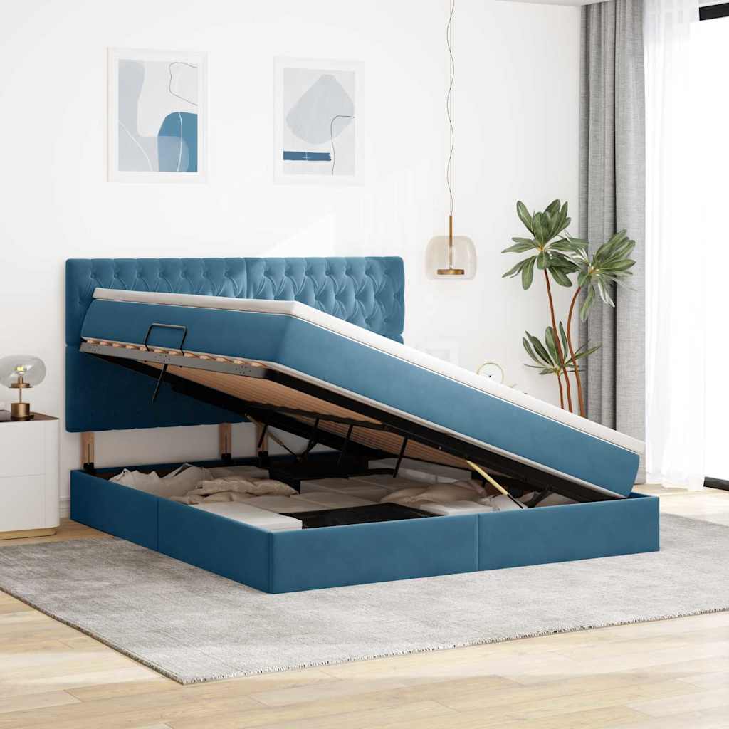 LED tárolós ágy matraccal Sötét kék 160 x 200 cm Bársony