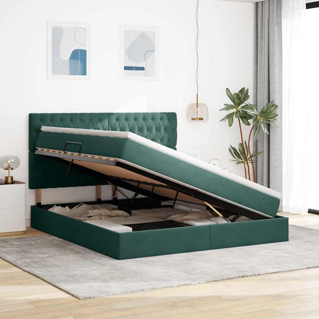 LED tárolós ágy matraccal Sötétzöld 180 x 200 cm Bársony