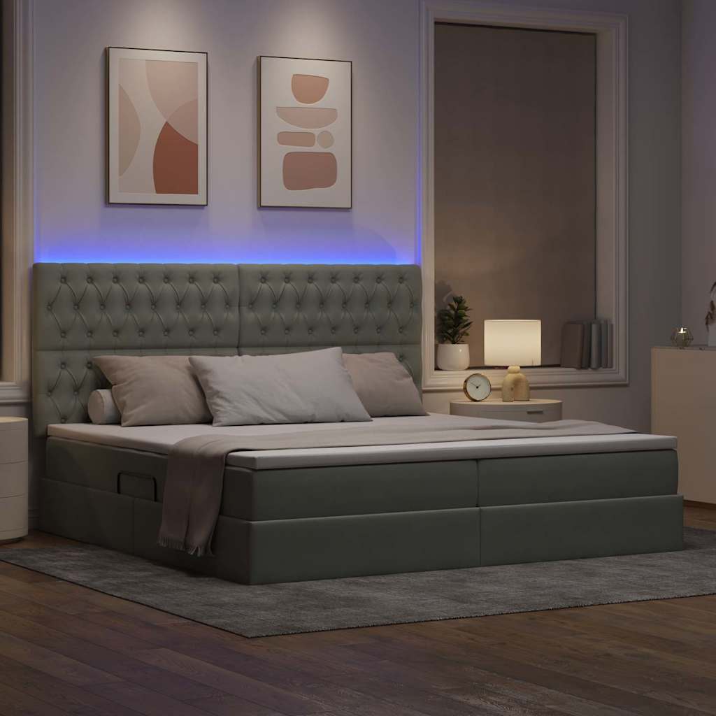 LED tárolós ágy matraccal Világosszürke 200 x 200 cm Bársony