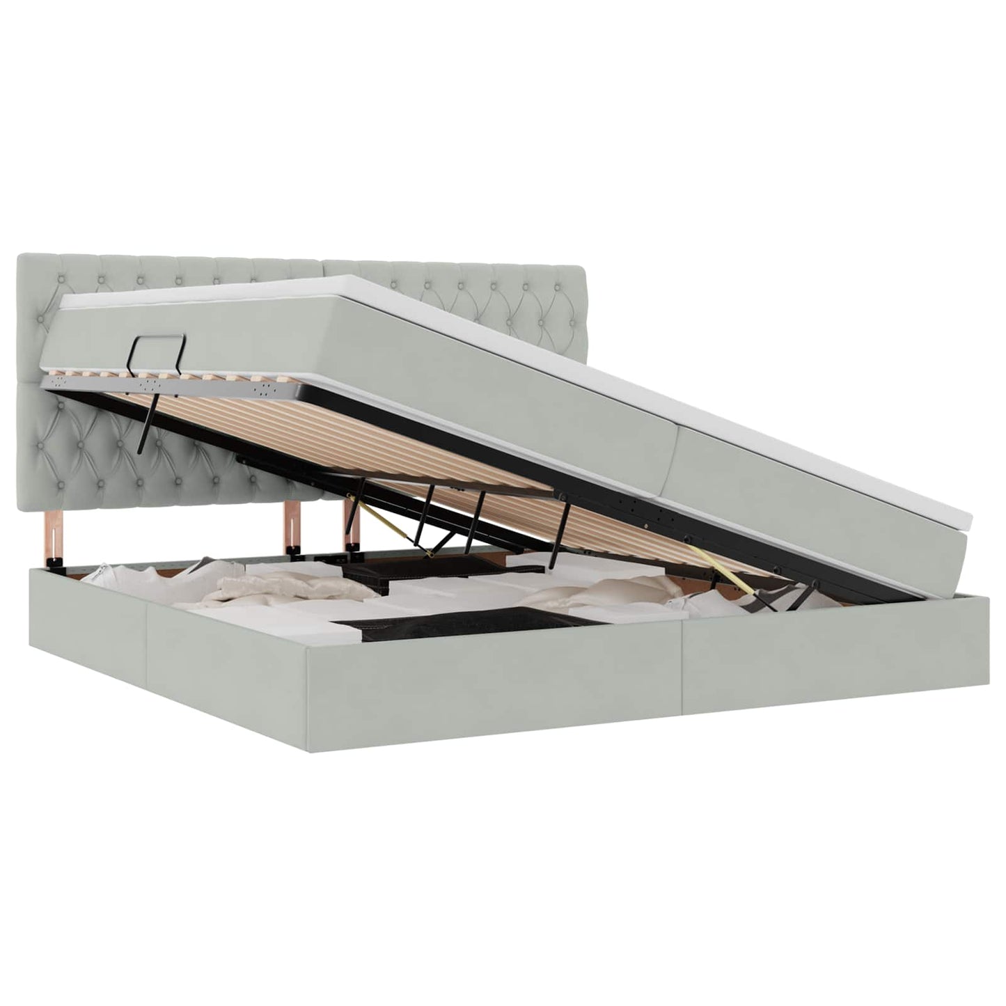 LED tárolós ágy matraccal Világosszürke 200 x 200 cm Bársony