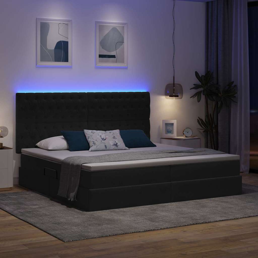 LED tárolós ágy matraccal Sötétszürke 200 x 200 cm Bársony