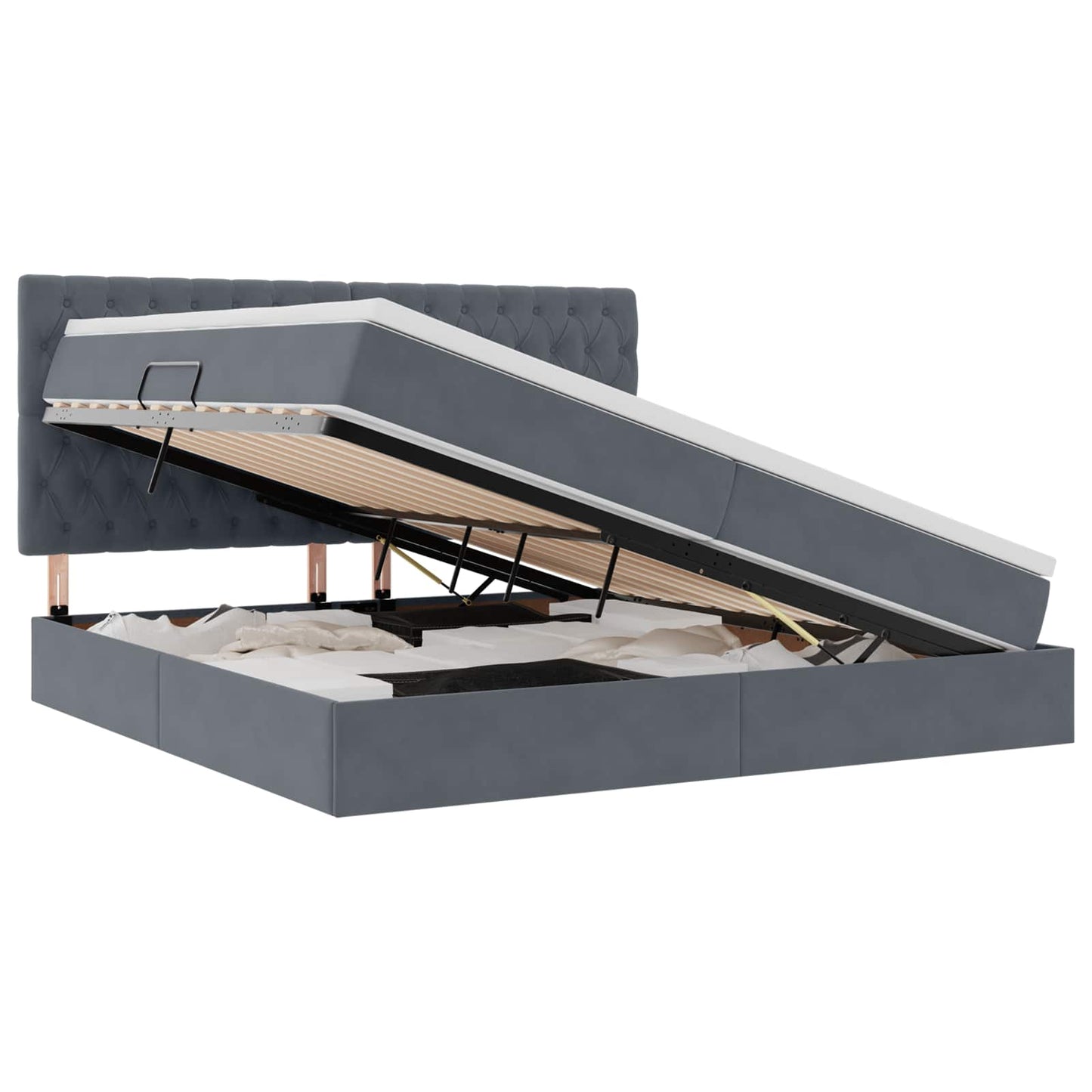 LED tárolós ágy matraccal Sötétszürke 200 x 200 cm Bársony