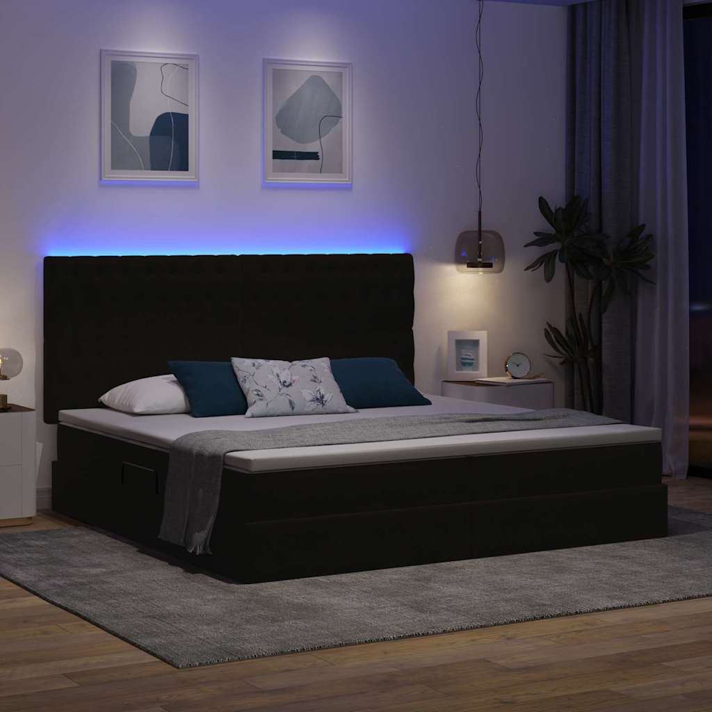 LED tárolós ágy matraccal Fekete 200 x 200 cm Bársony