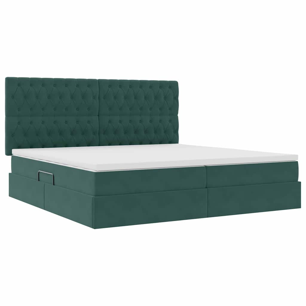 LED tárolós ágy matraccal Sötétzöld 200 x 200 cm Bársony