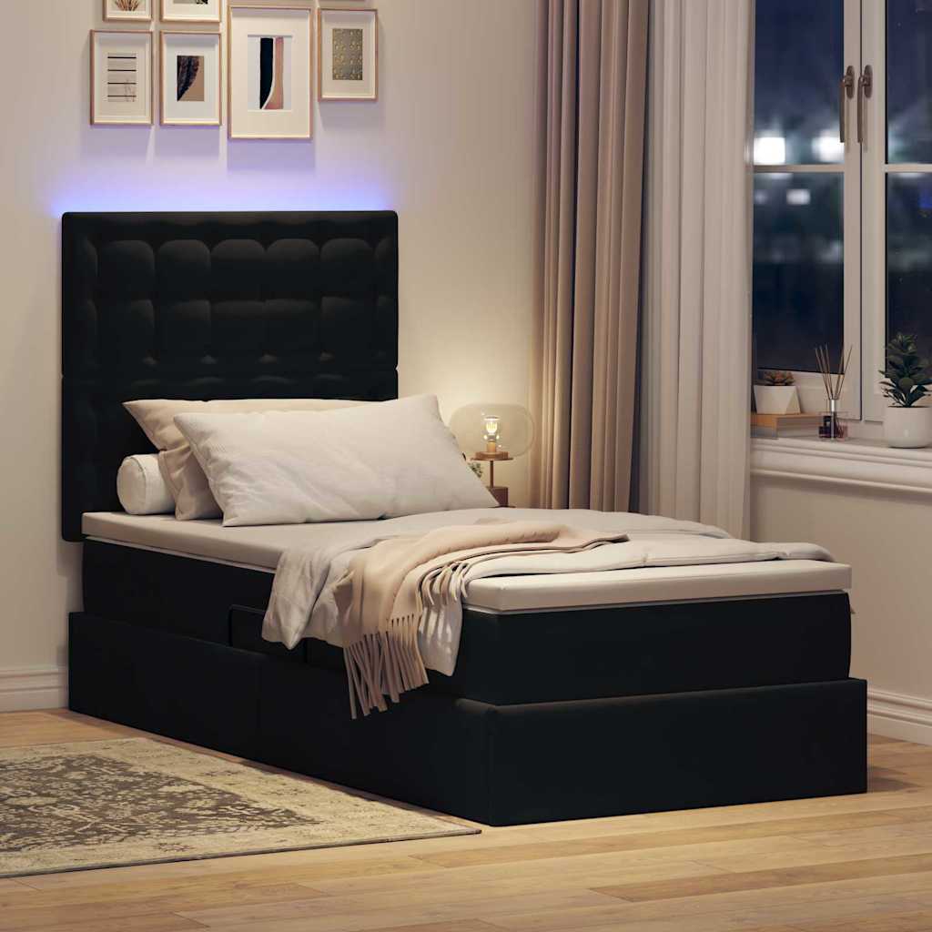 LED tárolós ágy matraccal Fekete 90 x 190 cm Bársony