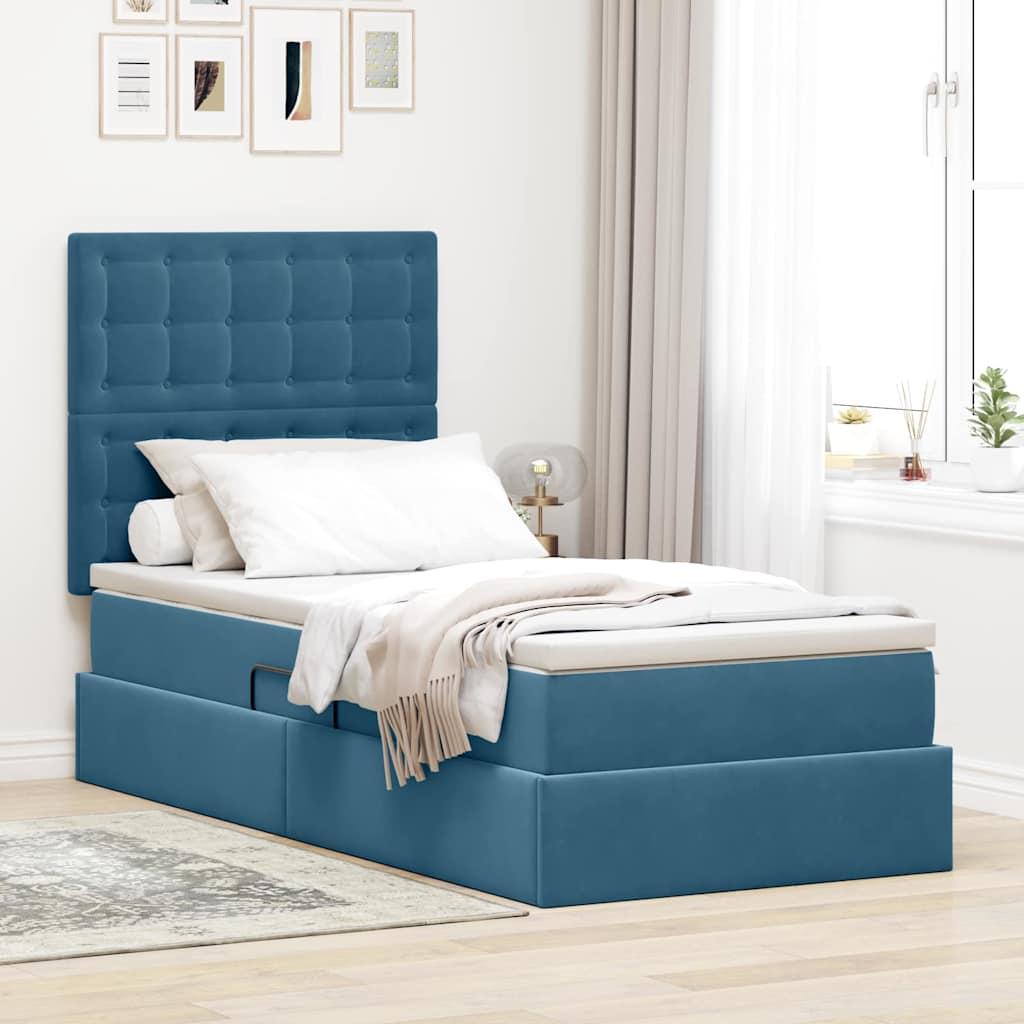 LED tárolós ágy matraccal Sötét kék 90 x 190 cm Bársony