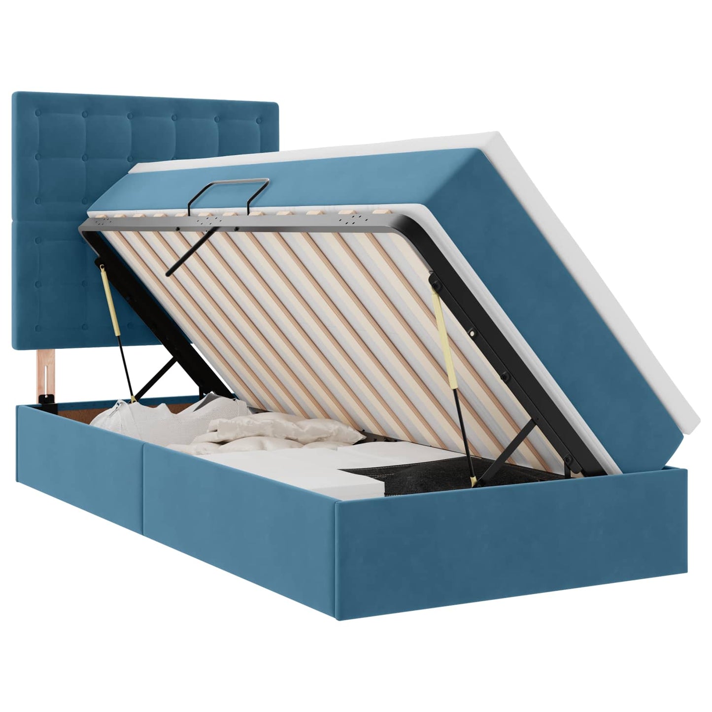 LED tárolós ágy matraccal Sötét kék 90 x 190 cm Bársony