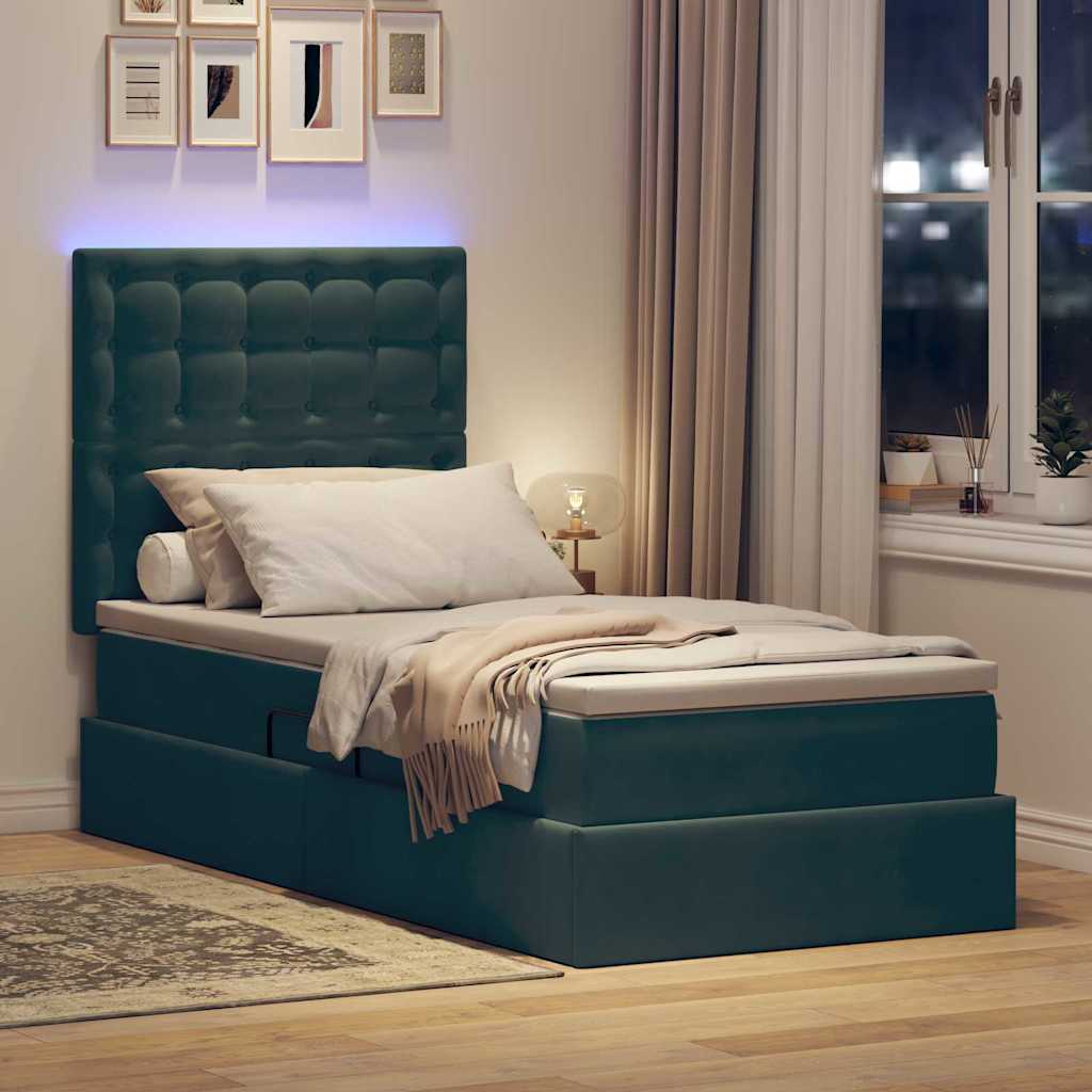 LED tárolós ágy matraccal Sötétzöld 100 x 200 cm Bársony