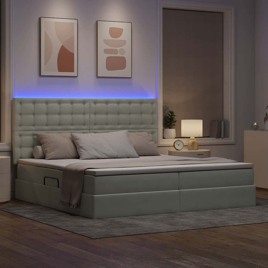 LED tárolós ágy matraccal Világosszürke 200 x 200 cm Bársony