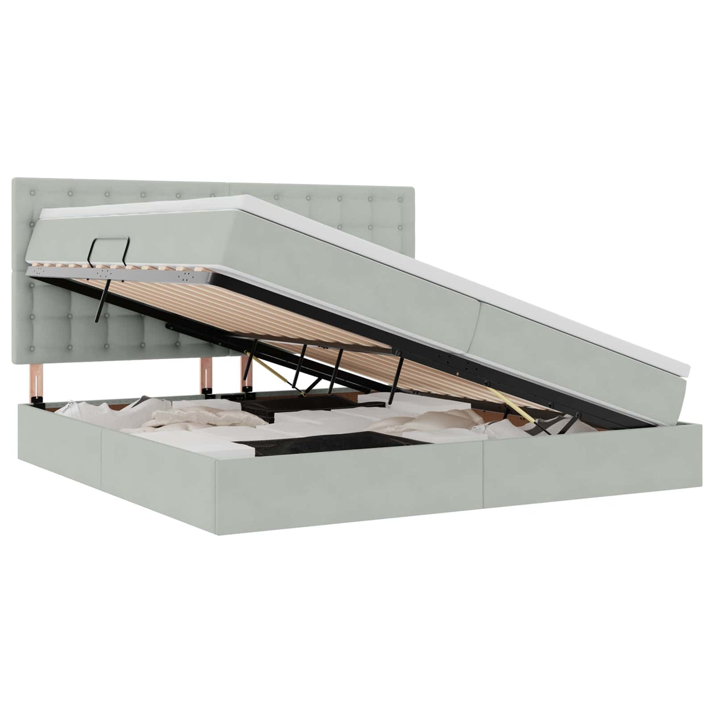 LED tárolós ágy matraccal Világosszürke 200 x 200 cm Bársony