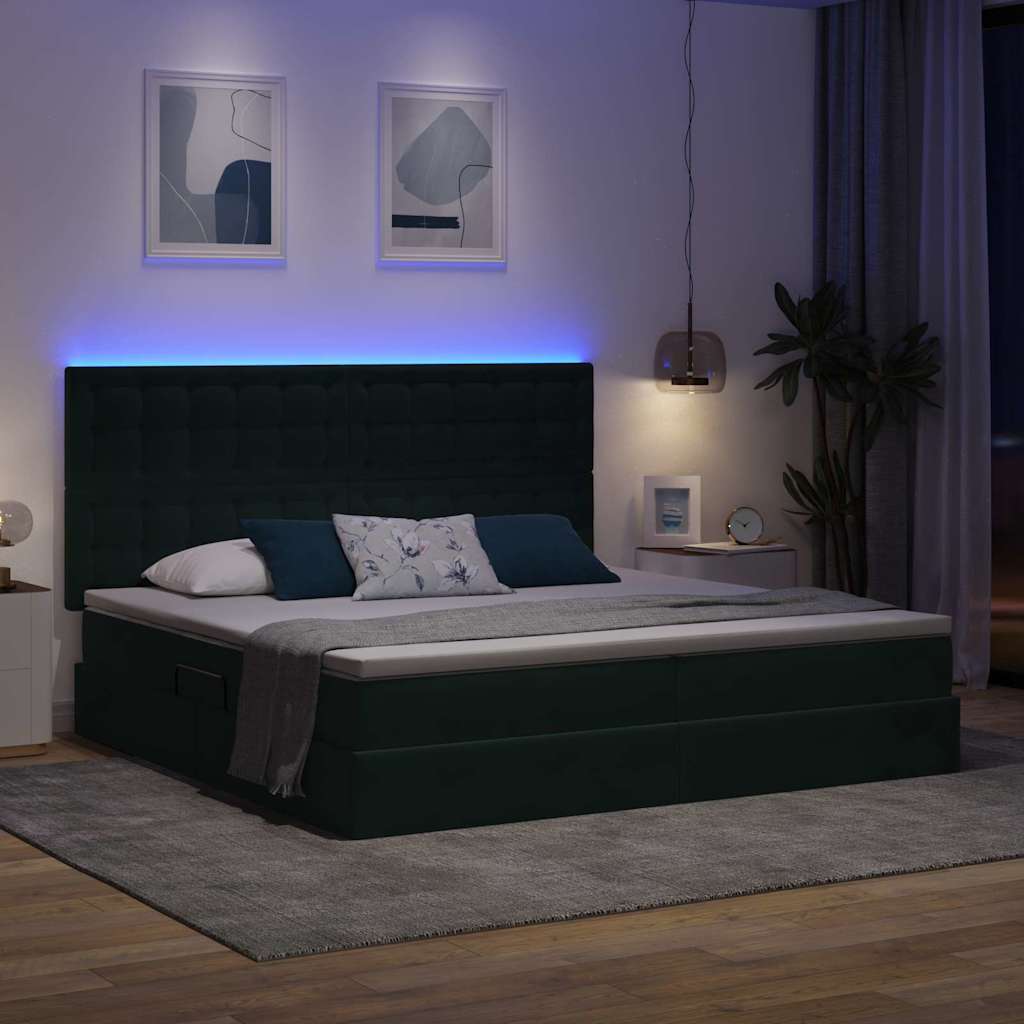 LED tárolós ágy matraccal Sötétzöld 200 x 200 cm Bársony