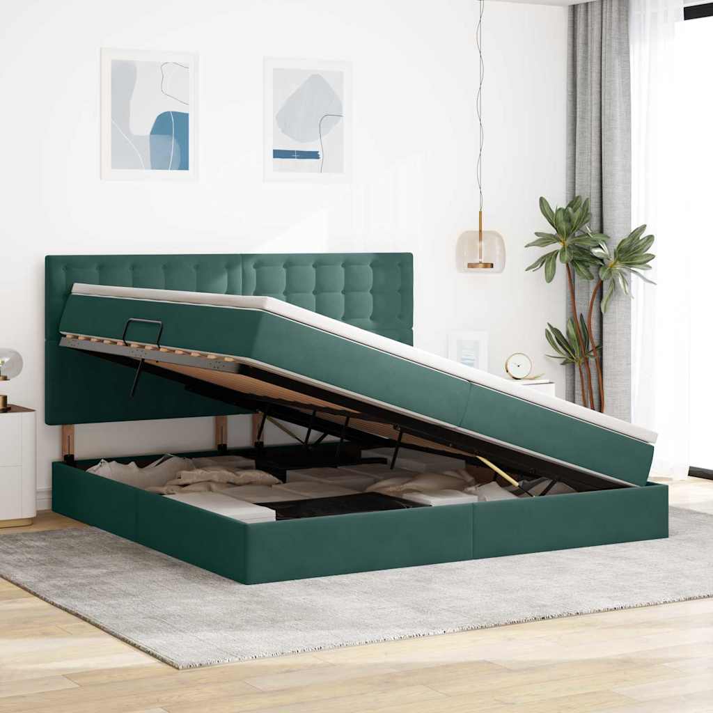 LED tárolós ágy matraccal Sötétzöld 200 x 200 cm Bársony