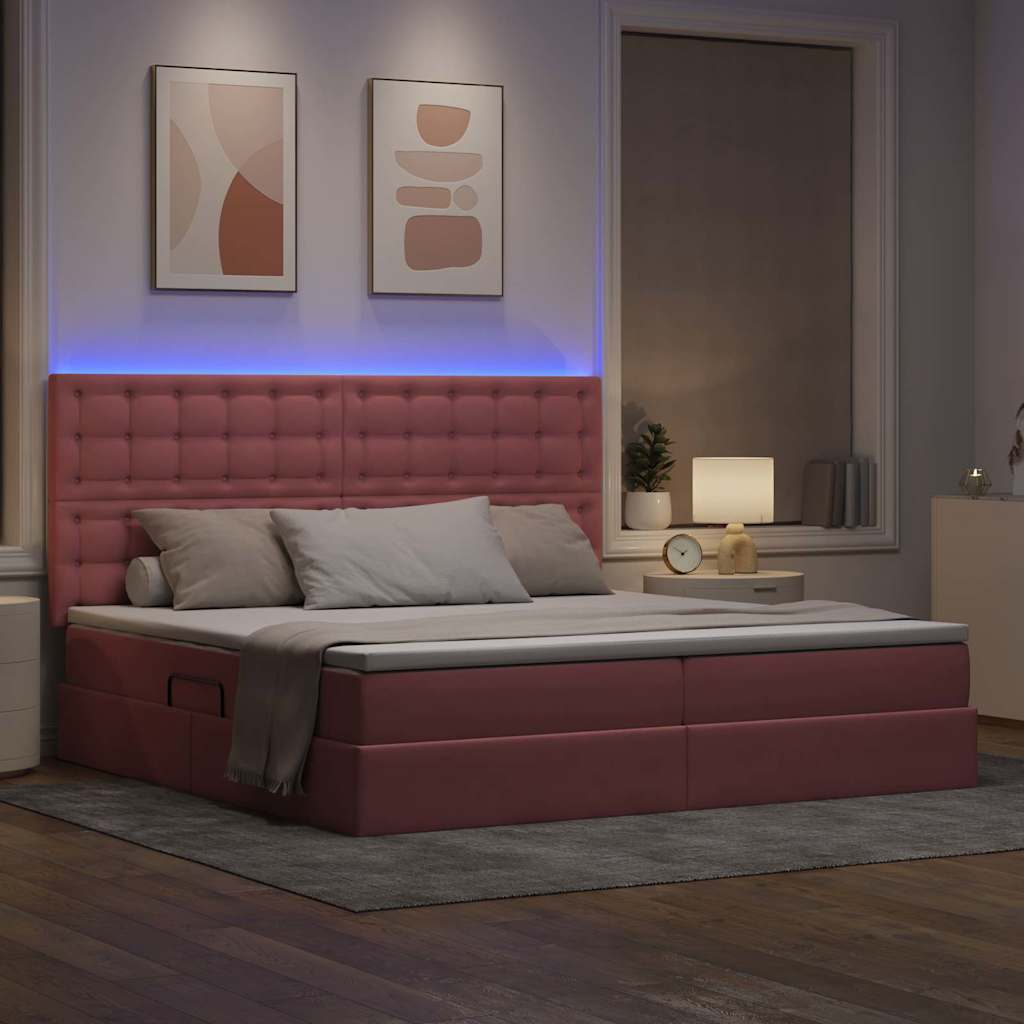 LED tárolós ágy matraccal Rózsaszín 200 x 200 cm Bársony