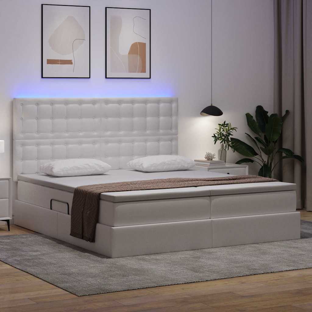 Ágy tárolóval és LED lámpával Tiszta Fehér 180 x 200 cm Műbőr