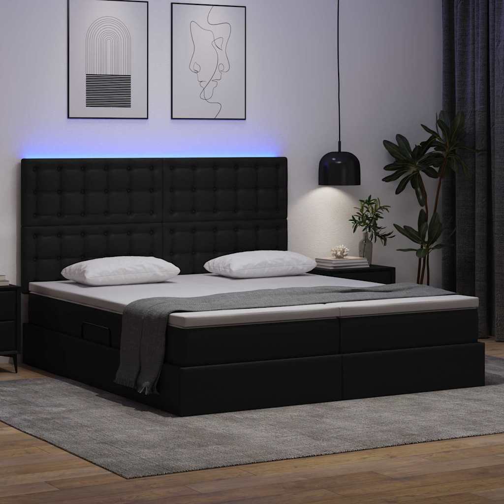 Ágy tárolóval és LED lámpával Fekete 200 x 200 cm Műbőr