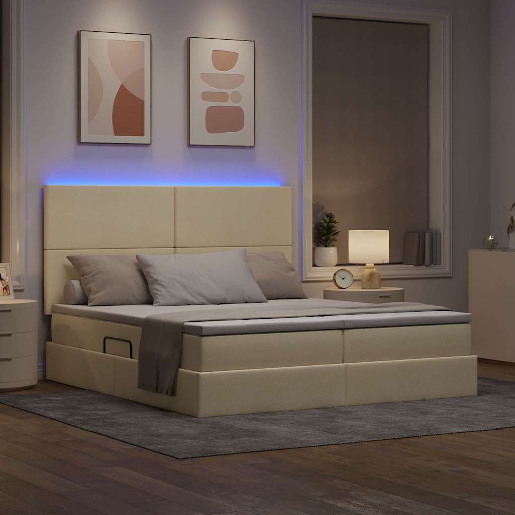 LED tárolós ágy matraccal Krém 200 x 200 cm Szövet