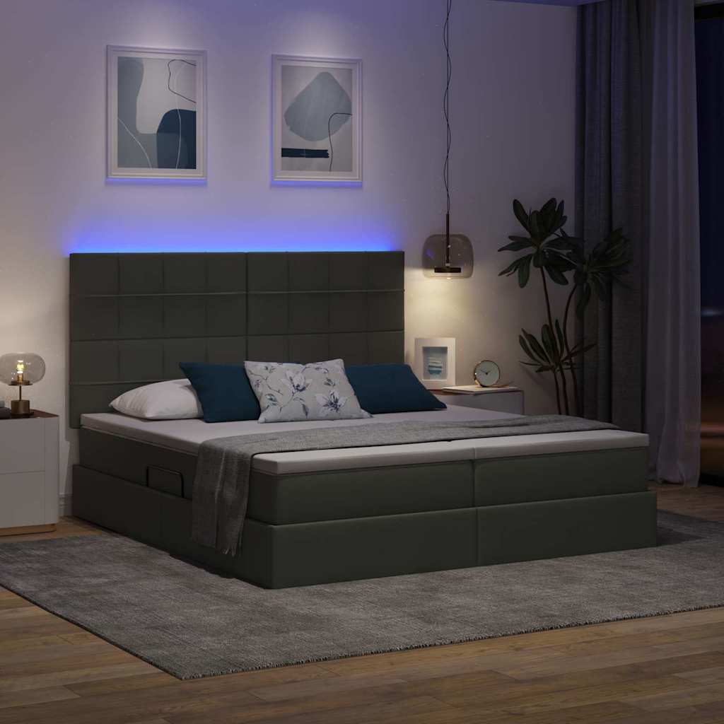 LED tárolós ágy matraccal Sötétszürke 200 x 200 cm Szövet