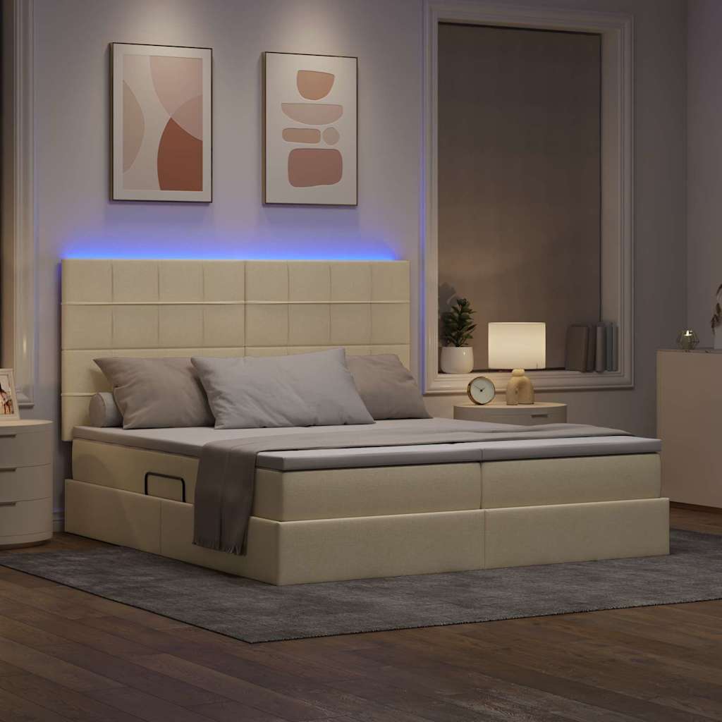 LED tárolós ágy matraccal Krém 200 x 200 cm Szövet
