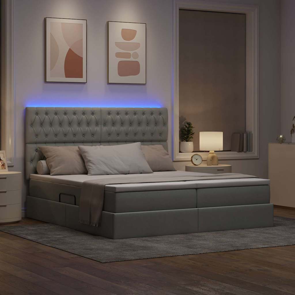 LED tárolós ágy matraccal Világosszürke 200 x 200 cm Szövet