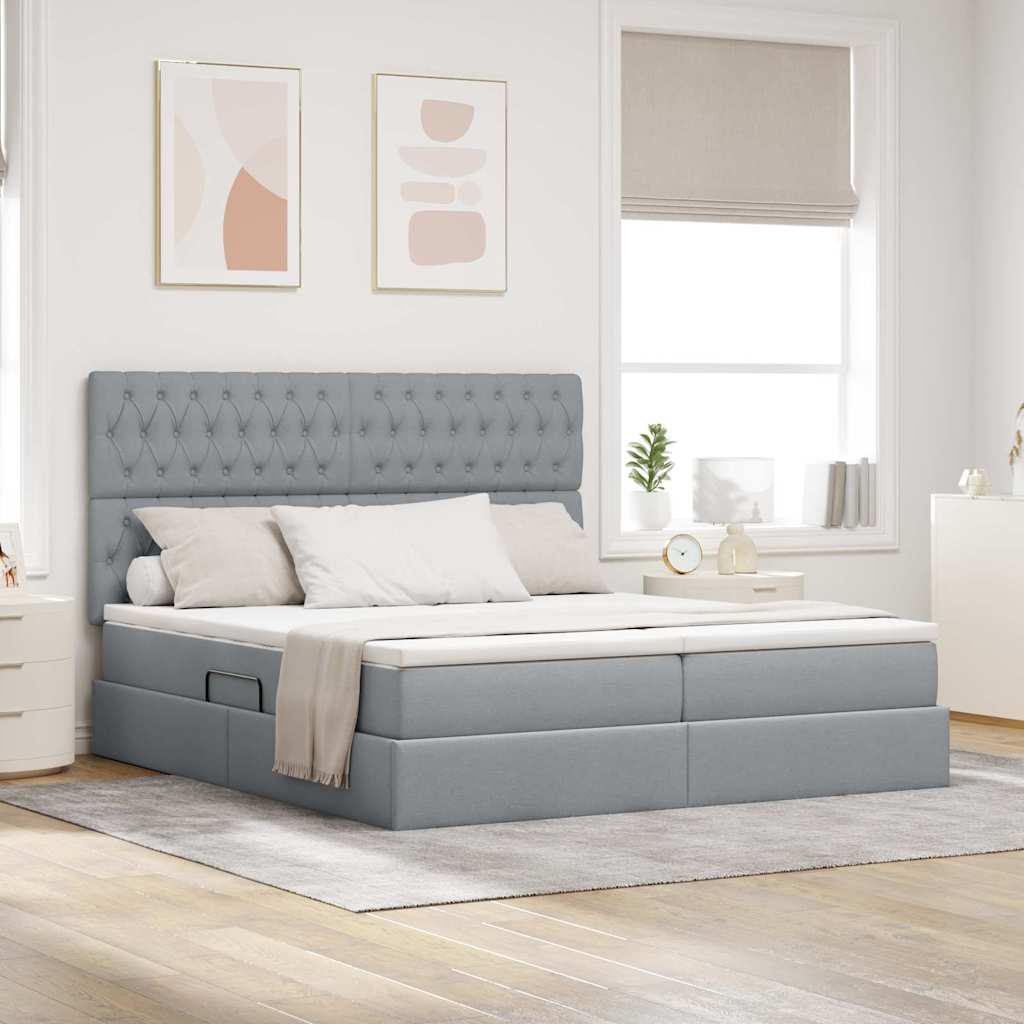 LED tárolós ágy matraccal Világosszürke 200 x 200 cm Szövet