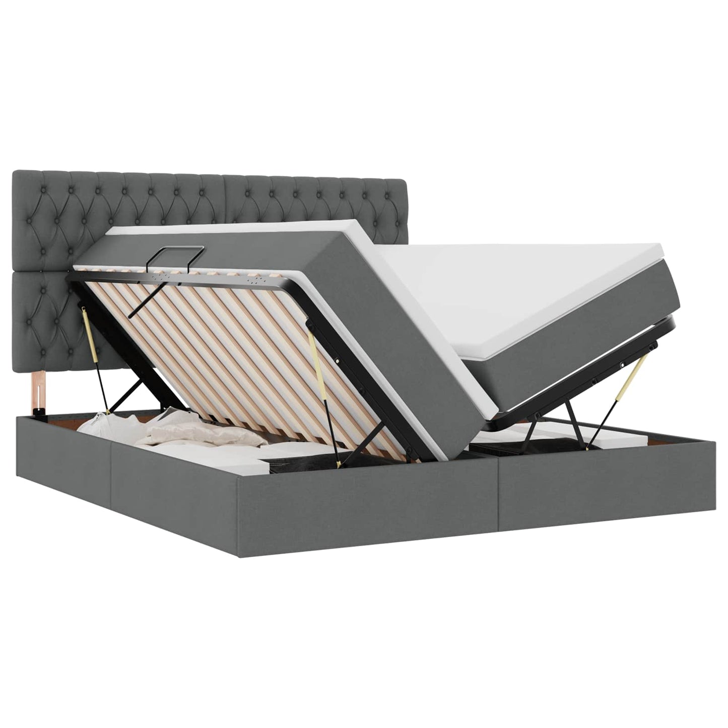 LED tárolós ágy matraccal Sötétszürke 200 x 200 cm Szövet