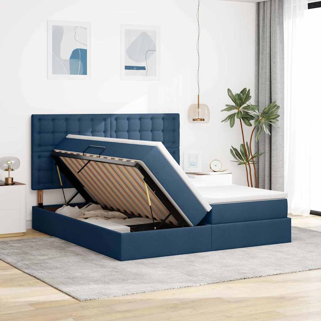 LED tárolós ágy matraccal Kék 200 x 200 cm Szövet