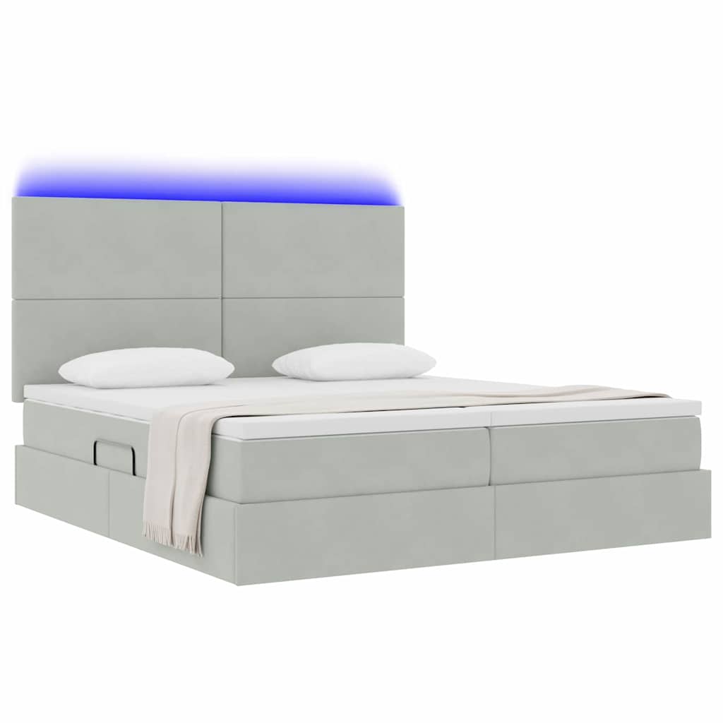 LED tárolós ágy matraccal Világosszürke 200 x 200 cm Bársony