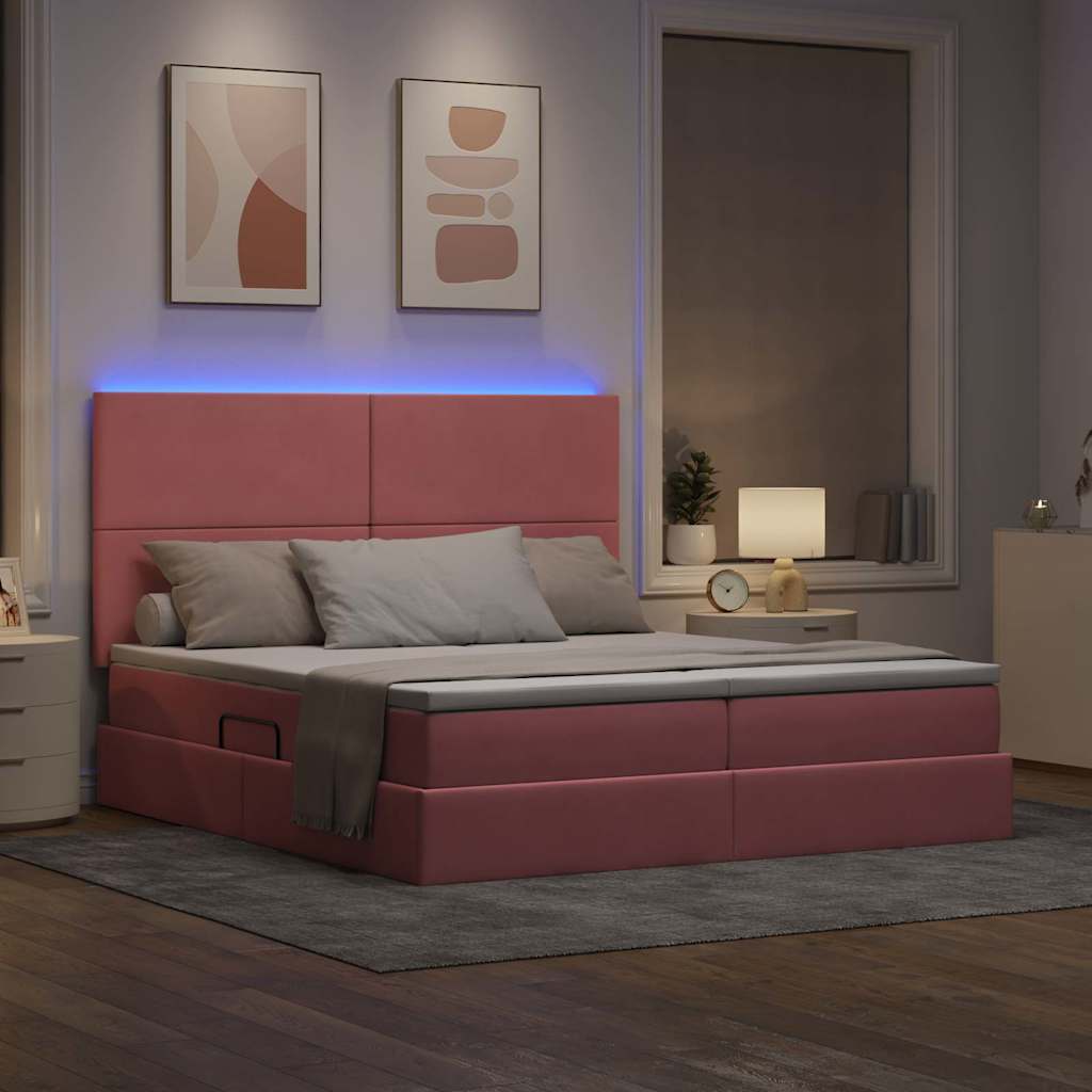 LED tárolós ágy matraccal Rózsaszín 200 x 200 cm Bársony