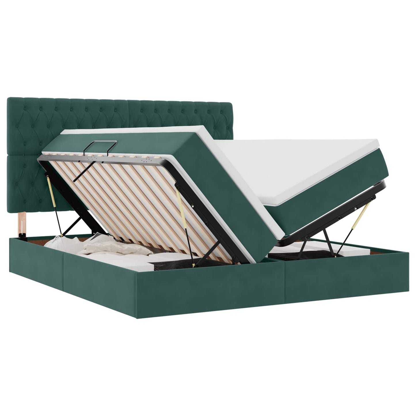 LED tárolós ágy matraccal Sötétzöld 180 x 200 cm Bársony
