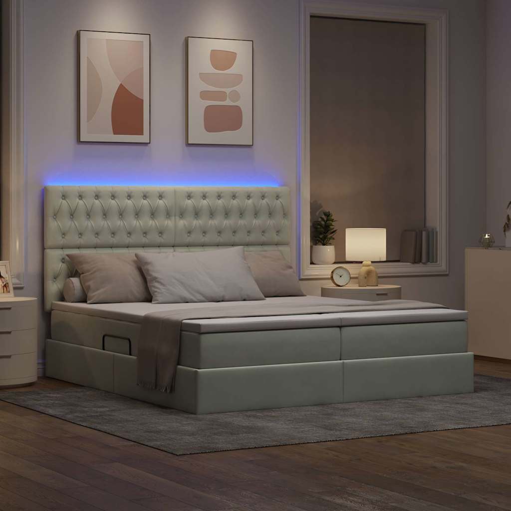 LED tárolós ágy matraccal Világosszürke 200 x 200 cm Bársony