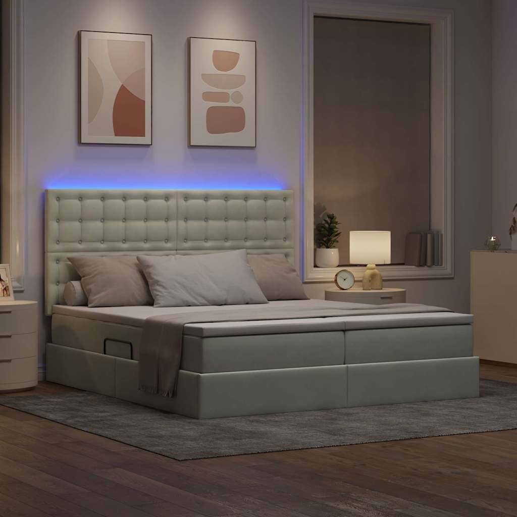 LED tárolós ágy matraccal Világosszürke 200 x 200 cm Bársony