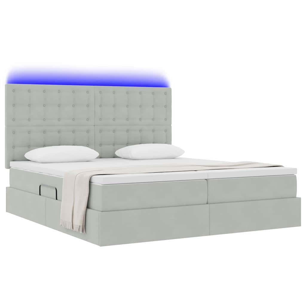 LED tárolós ágy matraccal Világosszürke 200 x 200 cm Bársony