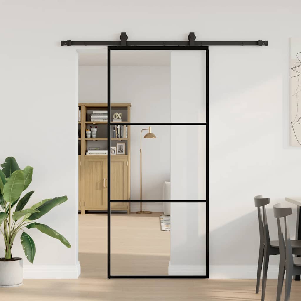 fekete ESG üveg tolóajtó fémszerelvény-szettel 90x205 cm