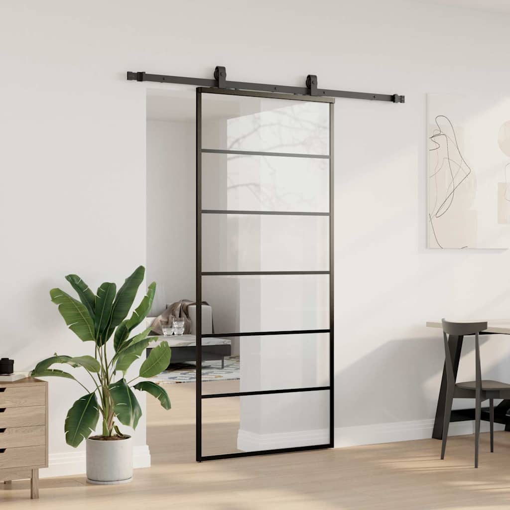 fekete ESG üveg tolóajtó fémszerelvény-szettel 90x205 cm