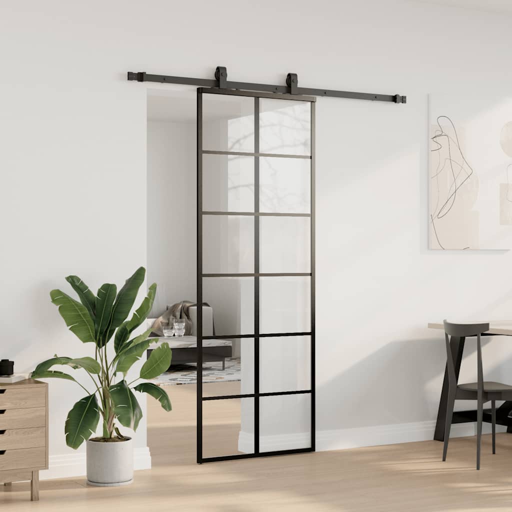fekete ESG üveg tolóajtó fémszerelvény-szettel 76x205 cm