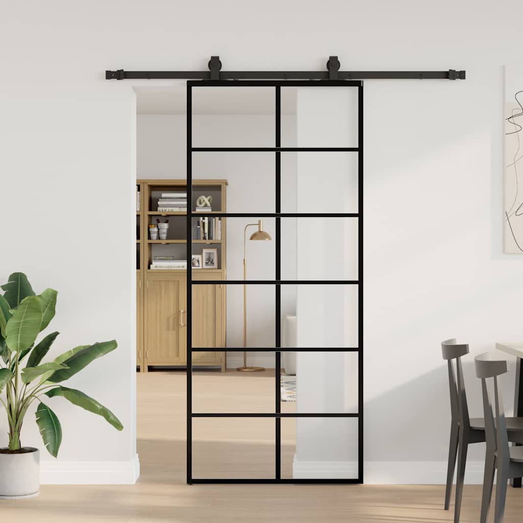 fekete ESG üveg tolóajtó fémszerelvény-szettel 90x205 cm