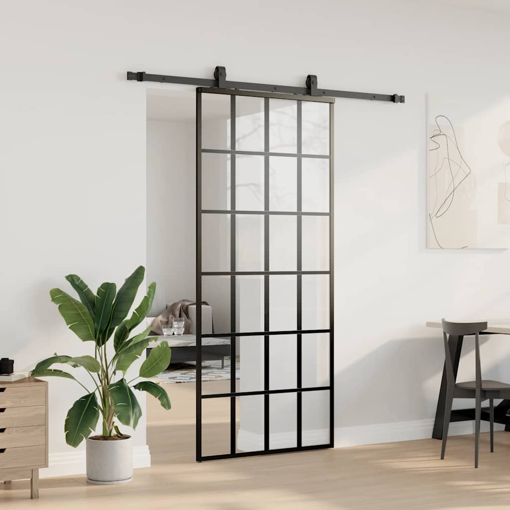 fekete ESG üveg tolóajtó fémszerelvény-szettel 90x205 cm