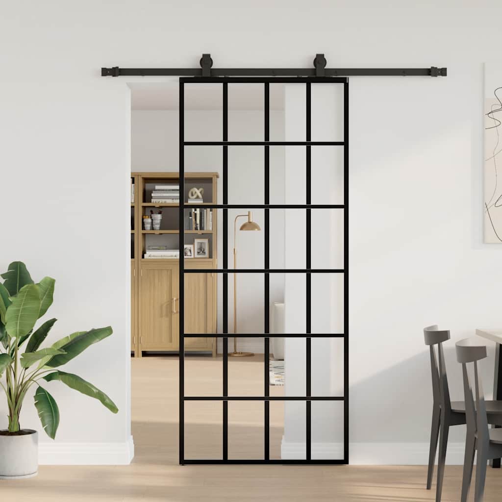 fekete ESG üveg tolóajtó fémszerelvény-szettel 90x205 cm