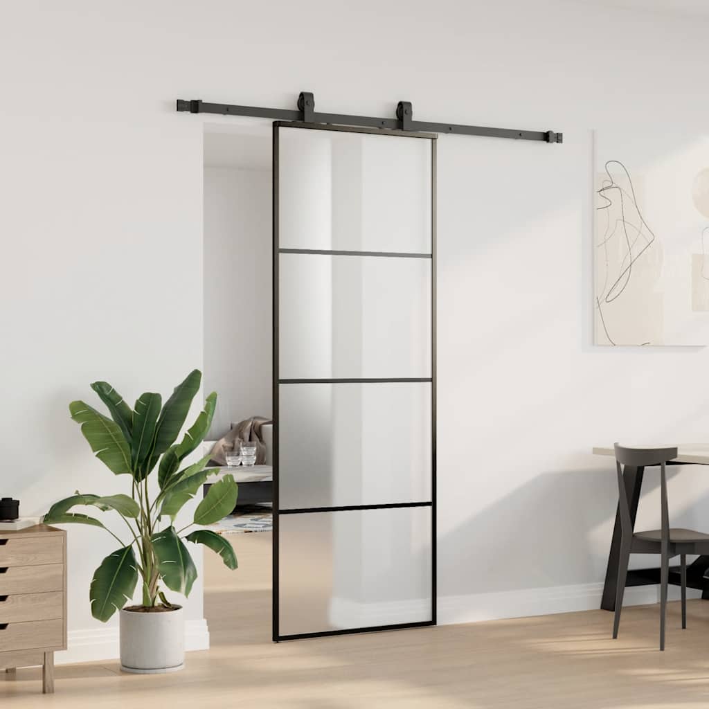 fekete ESG üveg tolóajtó fémszerelvény-szettel 76x205 cm