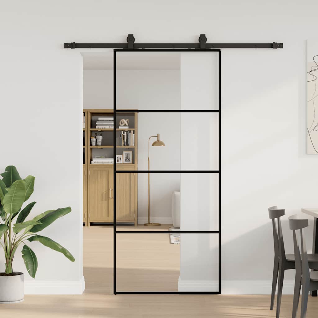 fekete ESG üveg tolóajtó fémszerelvény-szettel 90x205 cm