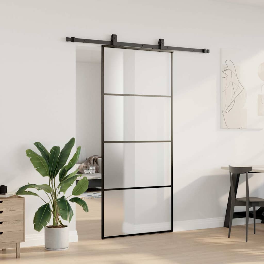 fekete ESG üveg tolóajtó fémszerelvény-szettel 90x205 cm