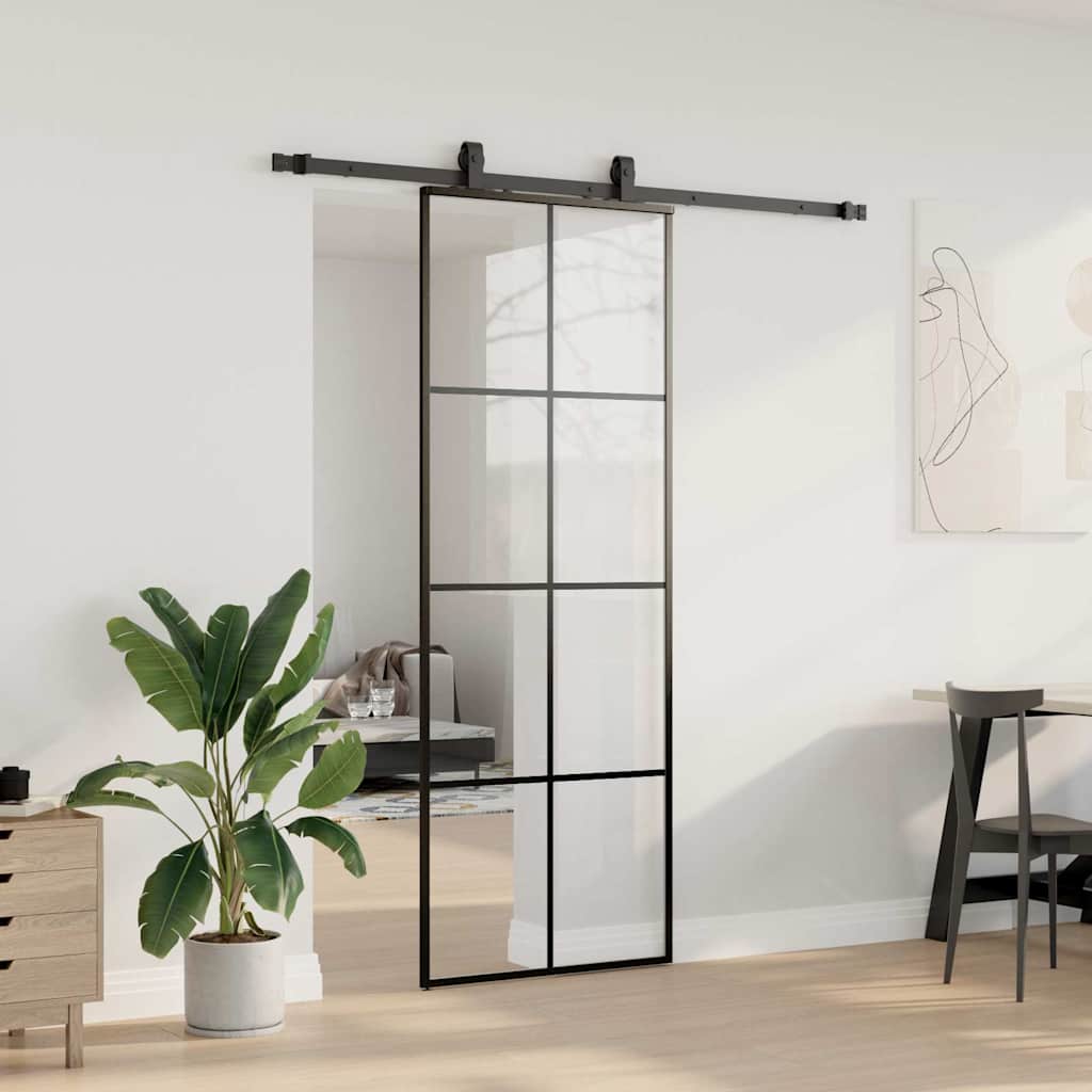 fekete ESG üveg tolóajtó fémszerelvény-szettel 76x205 cm