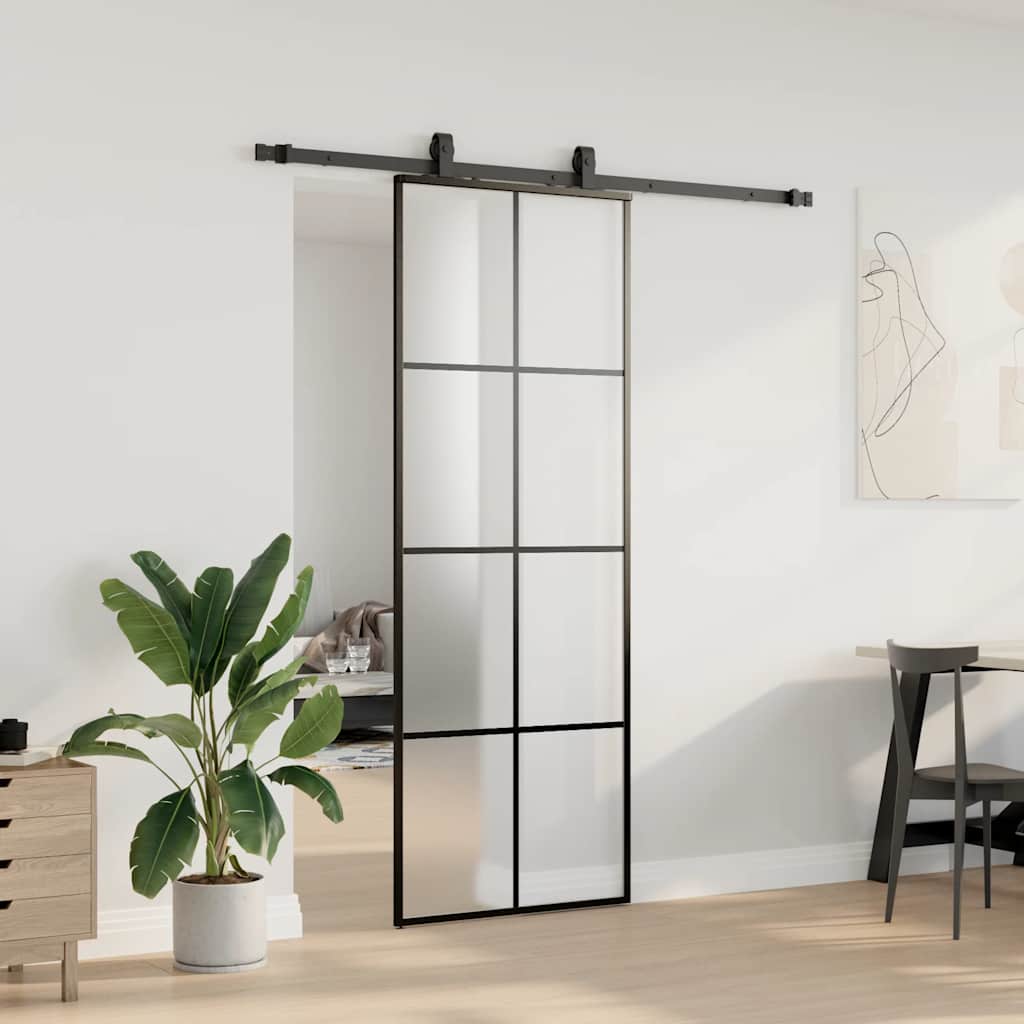 fekete ESG üveg tolóajtó fémszerelvény-szettel 76x205 cm