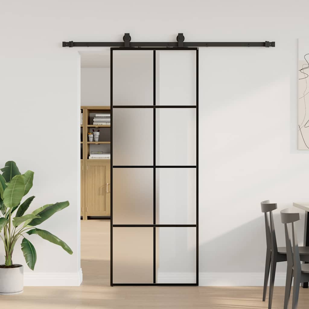fekete ESG üveg tolóajtó fémszerelvény-szettel 76x205 cm