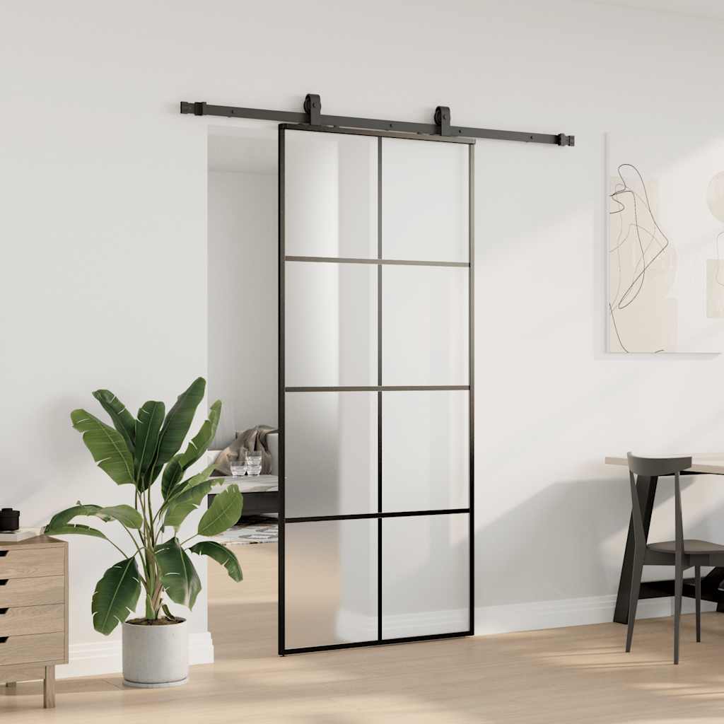 fekete ESG üveg tolóajtó fémszerelvény-szettel 90x205 cm